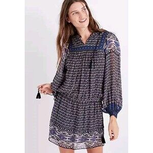 Ulla Johnson Silk Blue Printed Tasseled Puff Sleeve Reema Boho Mini Dress Size 4